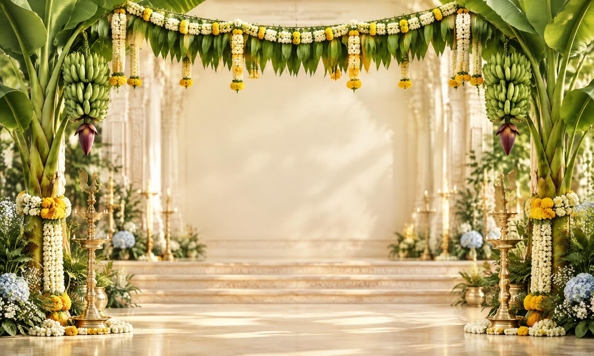 Plantain trees with a mango-leaf thoranam, jasmine garlands and brass lamps at a Tamil wedding entrance